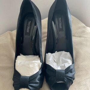 White House Black Market Black Satin Peep-Toe Heels with Bow Accent